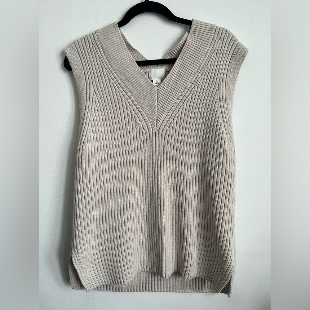 H&M Women Cream Knit Ribbed Boho Oversized Relaxed Sweater Vest S Small